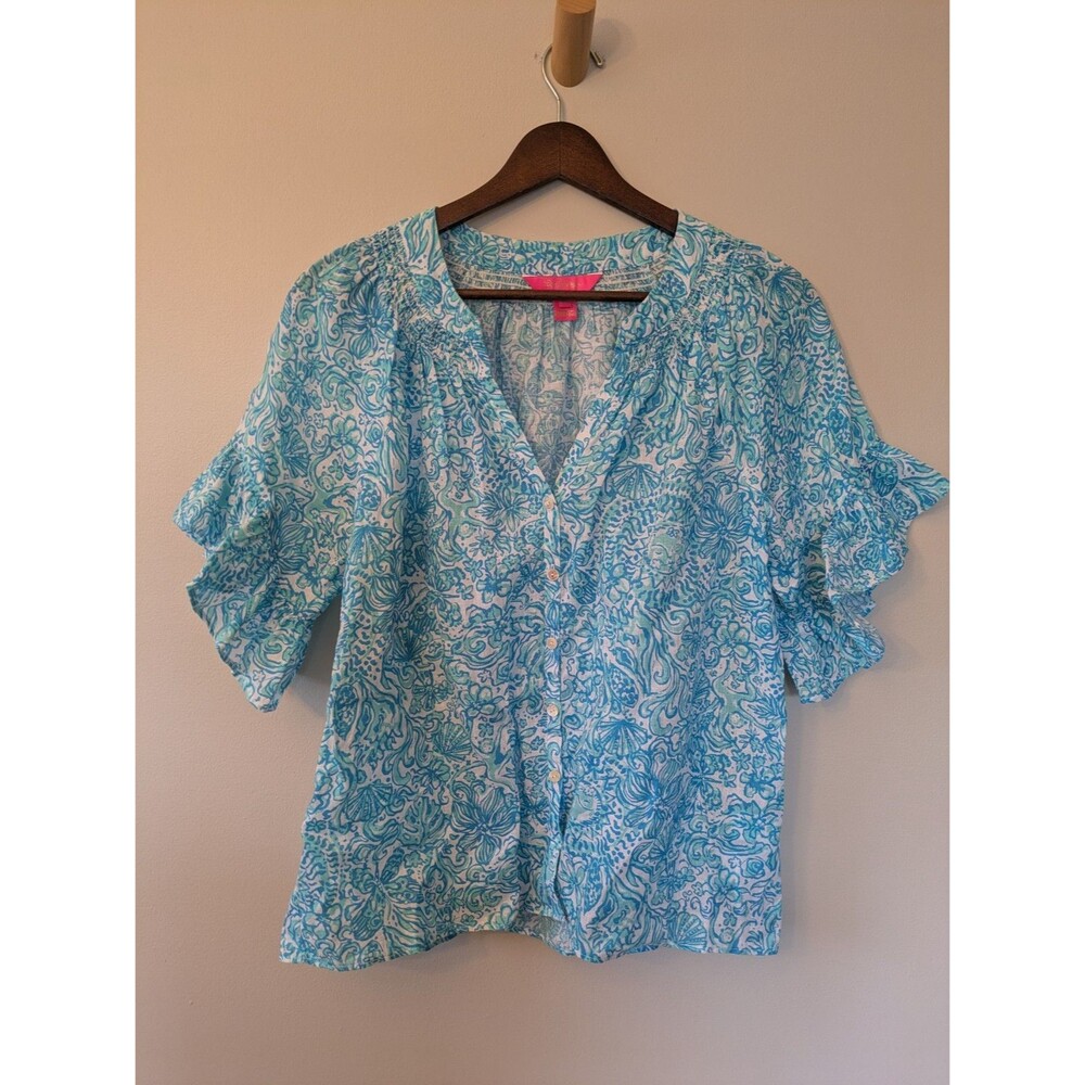 Lilly Pulitzer 100% Linen Button Up Top Tayla Resort Sunrise Beachy Tropical XS